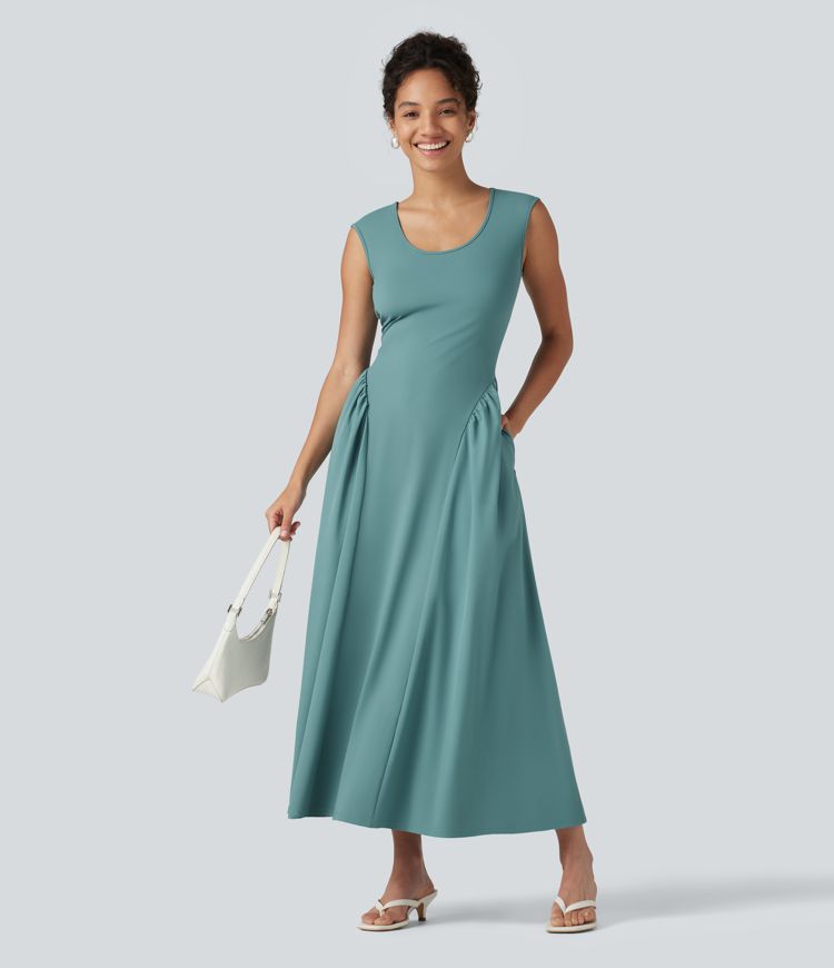 U-Neck Sleeveless Maxi Casual Flowy Dress with Pockets