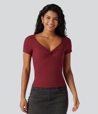 Ribbed Knit Sweetheart Neck Twisted Short Sleeve Casual Top