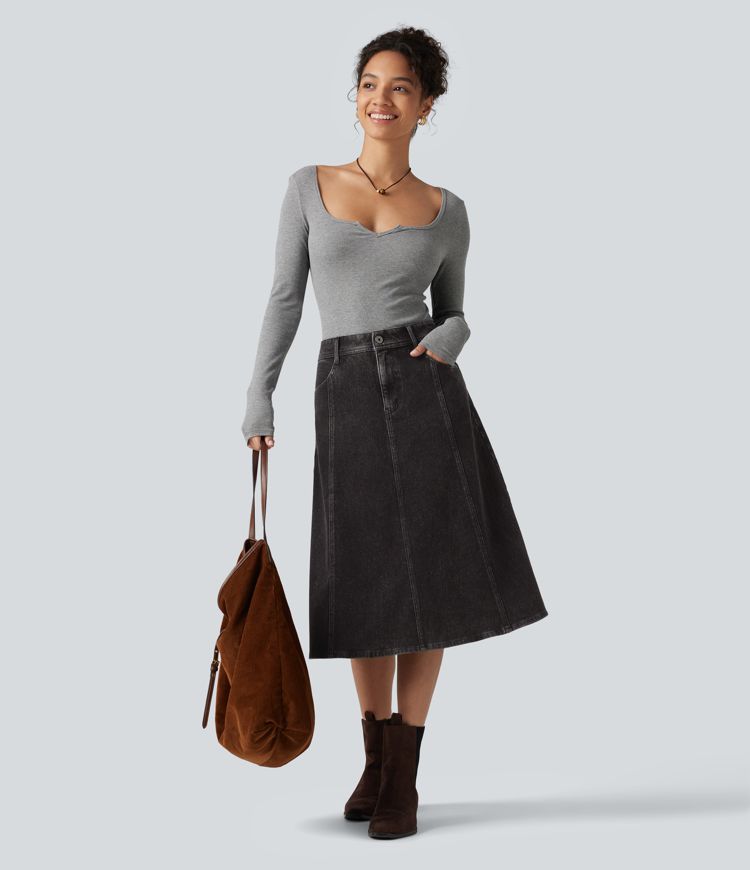 Halara Flex™ Mid Rise Denim Midi Casual Skirt with Pockets