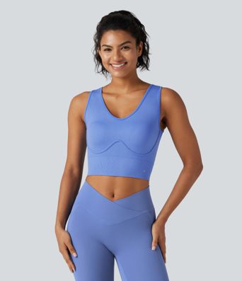 OneForm Sømfrit Flow V-hals med indbygget bh, snøring og croppet yogatanktop.