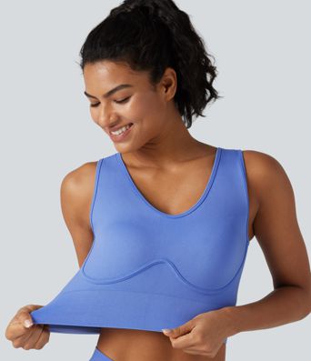 OneForm Sømfrit Flow V-hals med indbygget bh, snøring og croppet yogatanktop.