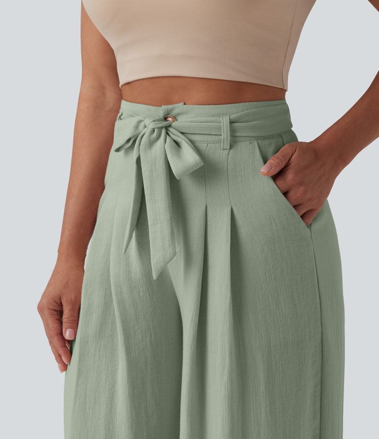 High Waisted Belted Linen-Feel Casual Baggy Pants with Pockets