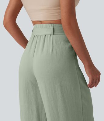 High Waisted Belted Linen-Feel Casual Baggy Pants with Pockets