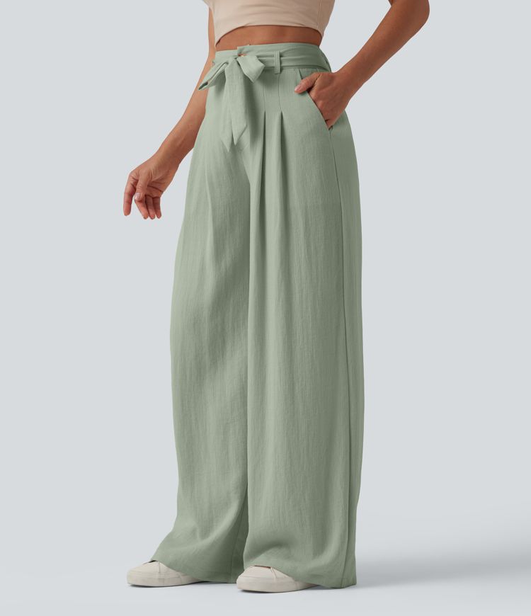 High Waisted Belted Linen-Feel Casual Baggy Pants with Pockets