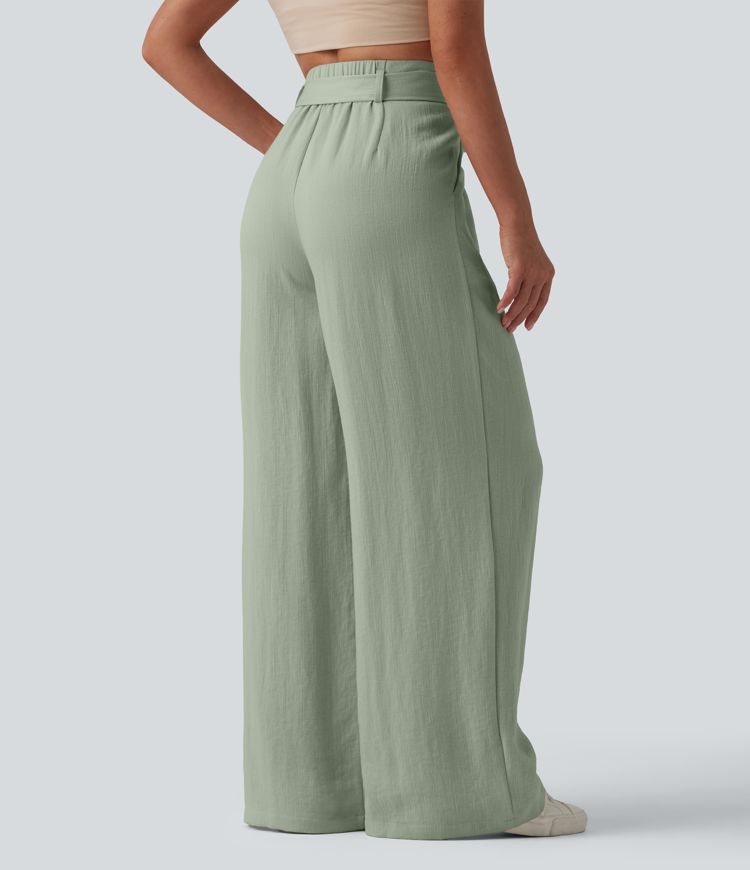 High Waisted Belted Linen-Feel Casual Baggy Pants with Pockets