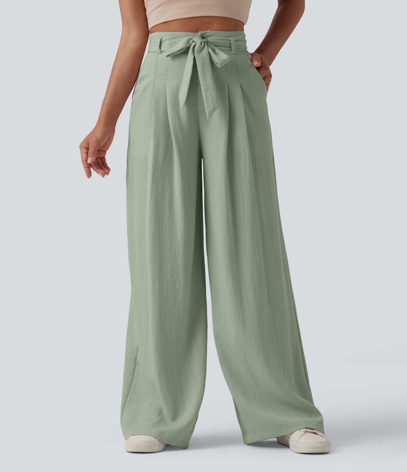 High Waisted Belted Linen-Feel Casual Baggy Pants with Pockets