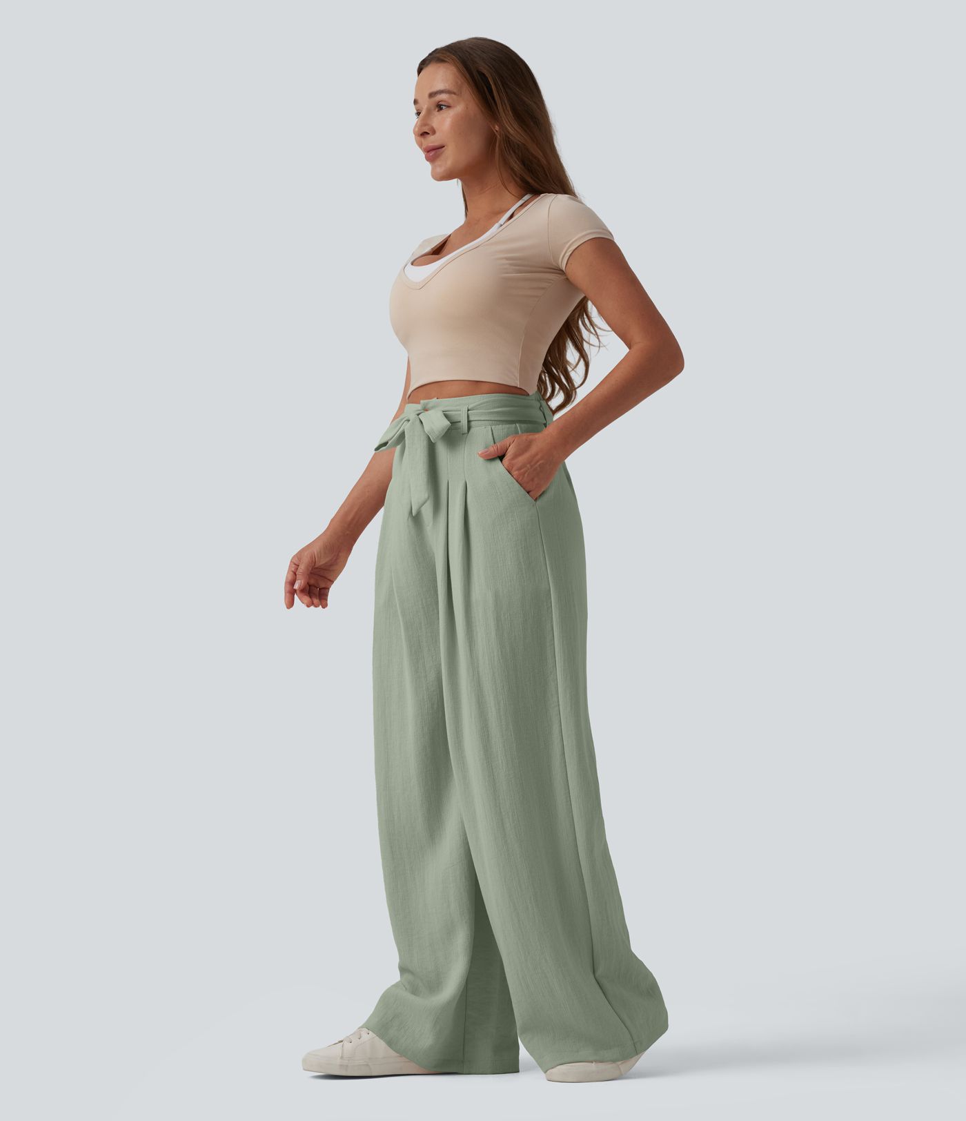 High Waisted Belted Linen-Feel Casual Baggy Pants with Pockets