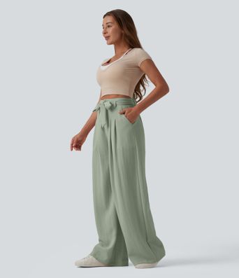 High Waisted Belted Linen-Feel Casual Baggy Pants with Pockets