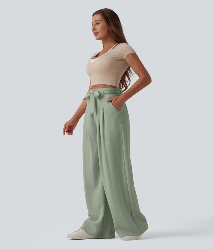 High Waisted Belted Linen-Feel Casual Baggy Pants with Pockets