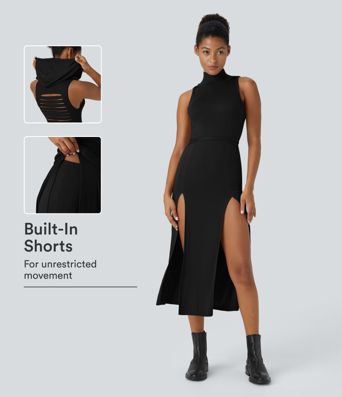 Ribbed Hooded High Neck Sleeveless Cut Out Tie Back 2-Piece Midi Casual Dress Ribbed Hooded High Neck Sleeveless Cut Out Tie Back 2-Piece Midi Casual Dress