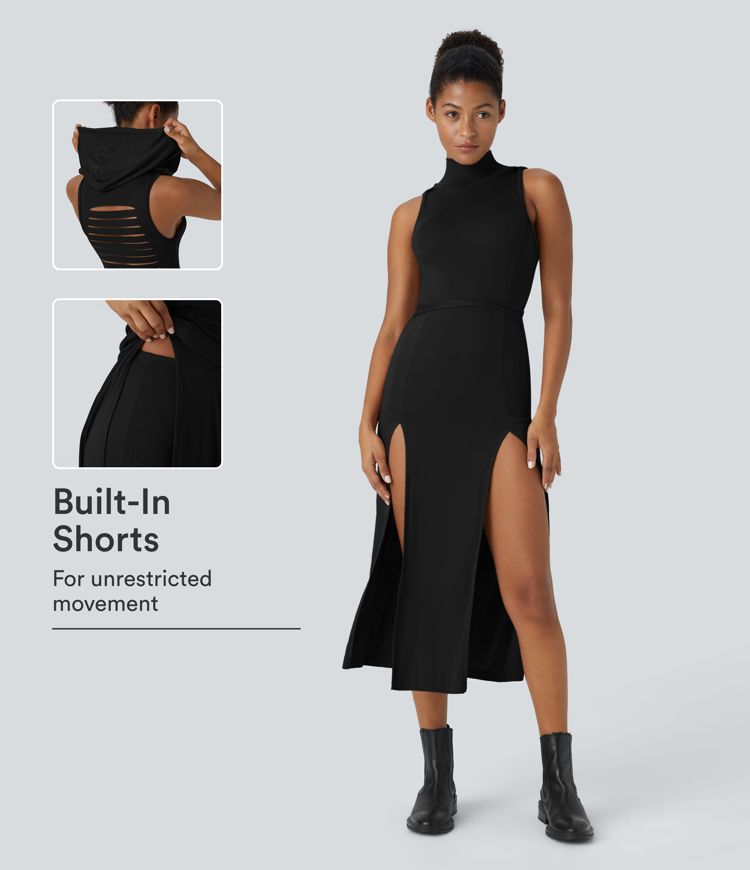 Ribbed Hooded High Neck Sleeveless Cut Out Tie Back 2-Piece Midi Casual Dress Ribbed Hooded High Neck Sleeveless Cut Out Tie Back 2-Piece Midi Casual Dress
