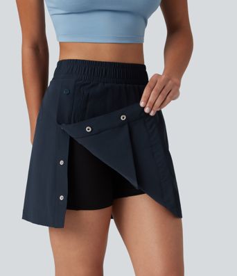 Mini-jupe de randonnée 2-en-1, taille haute, coupe A, à boutons-pression, avec poches
