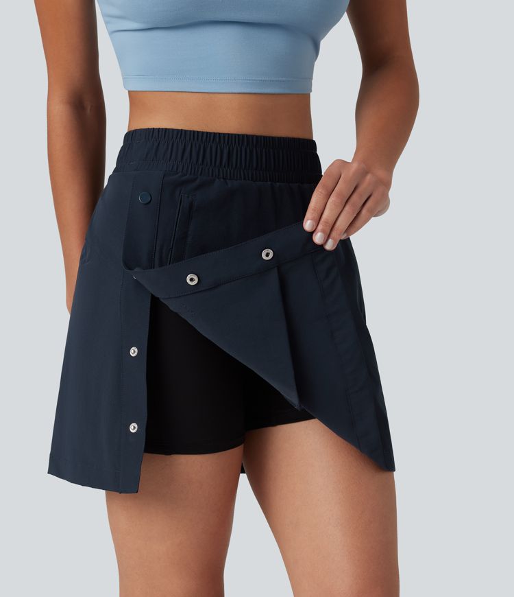 Mini-jupe de randonnée 2-en-1, taille haute, coupe A, à boutons-pression, avec poches