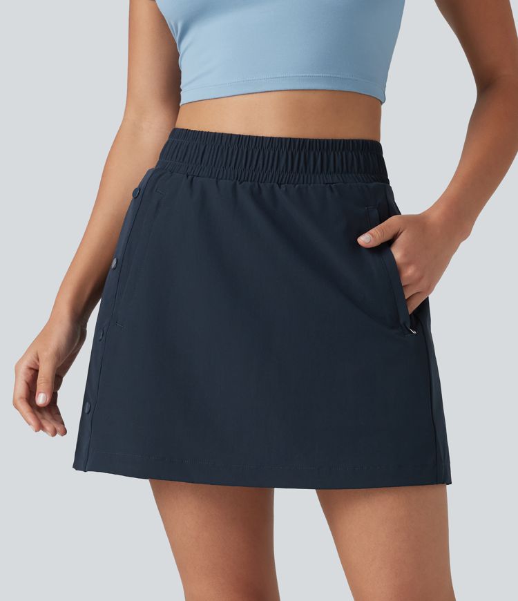 Mini-jupe de randonnée 2-en-1, taille haute, coupe A, à boutons-pression, avec poches