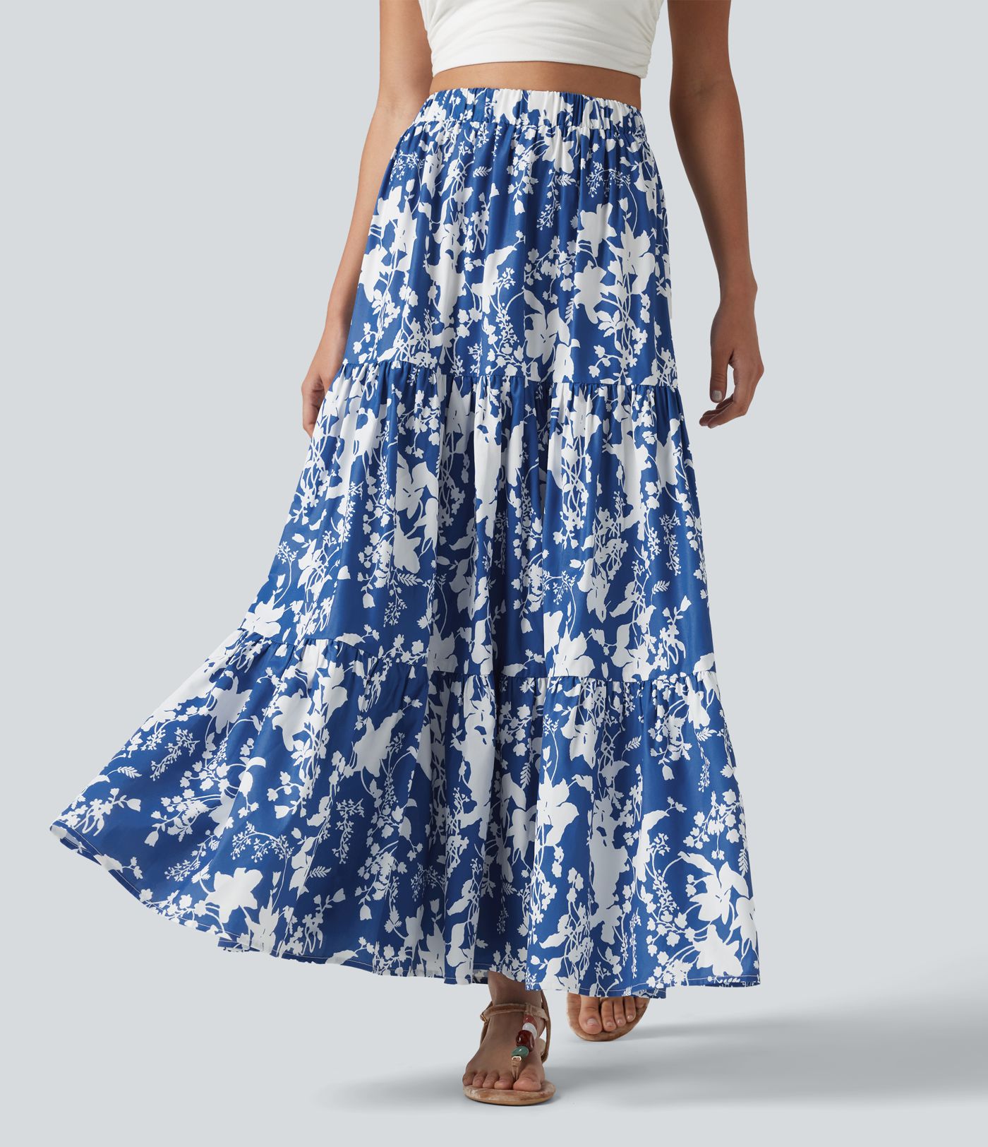 High Waisted Floral Print Tiered Maxi Resort Flowy Skirt