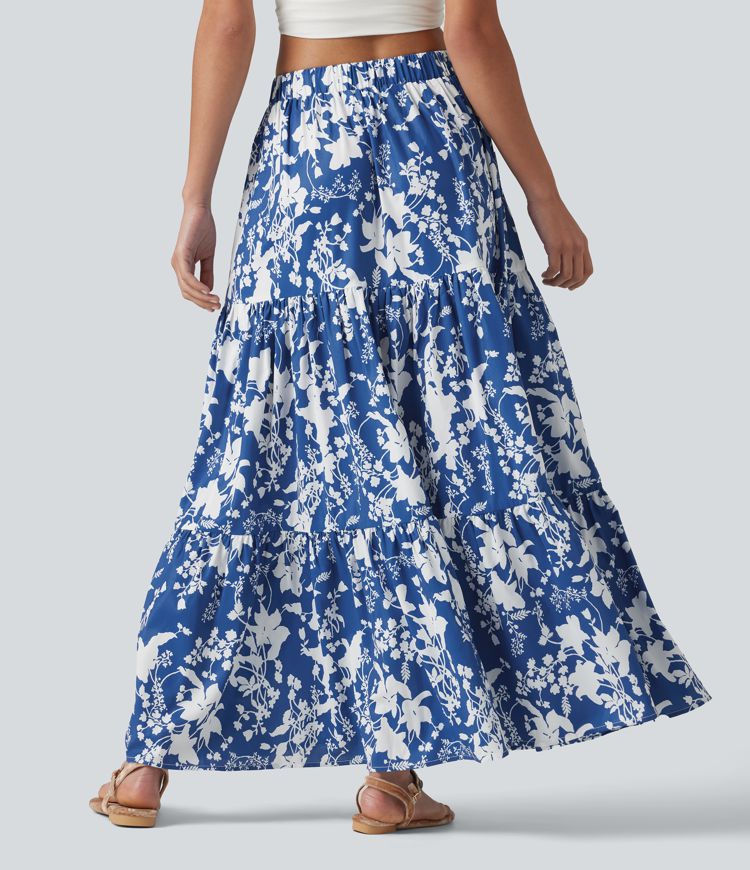 High Waisted Floral Print Tiered Maxi Resort Flowy Skirt