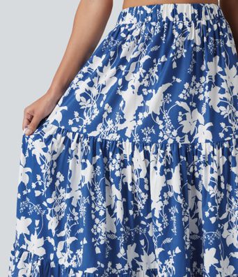 High Waisted Floral Print Tiered Maxi Resort Flowy Skirt