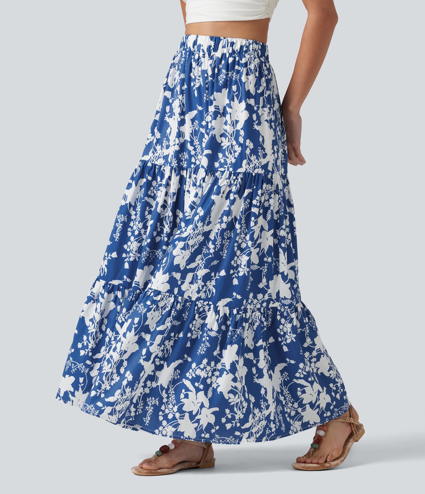 High Waisted Floral Print Tiered Maxi Resort Flowy Skirt