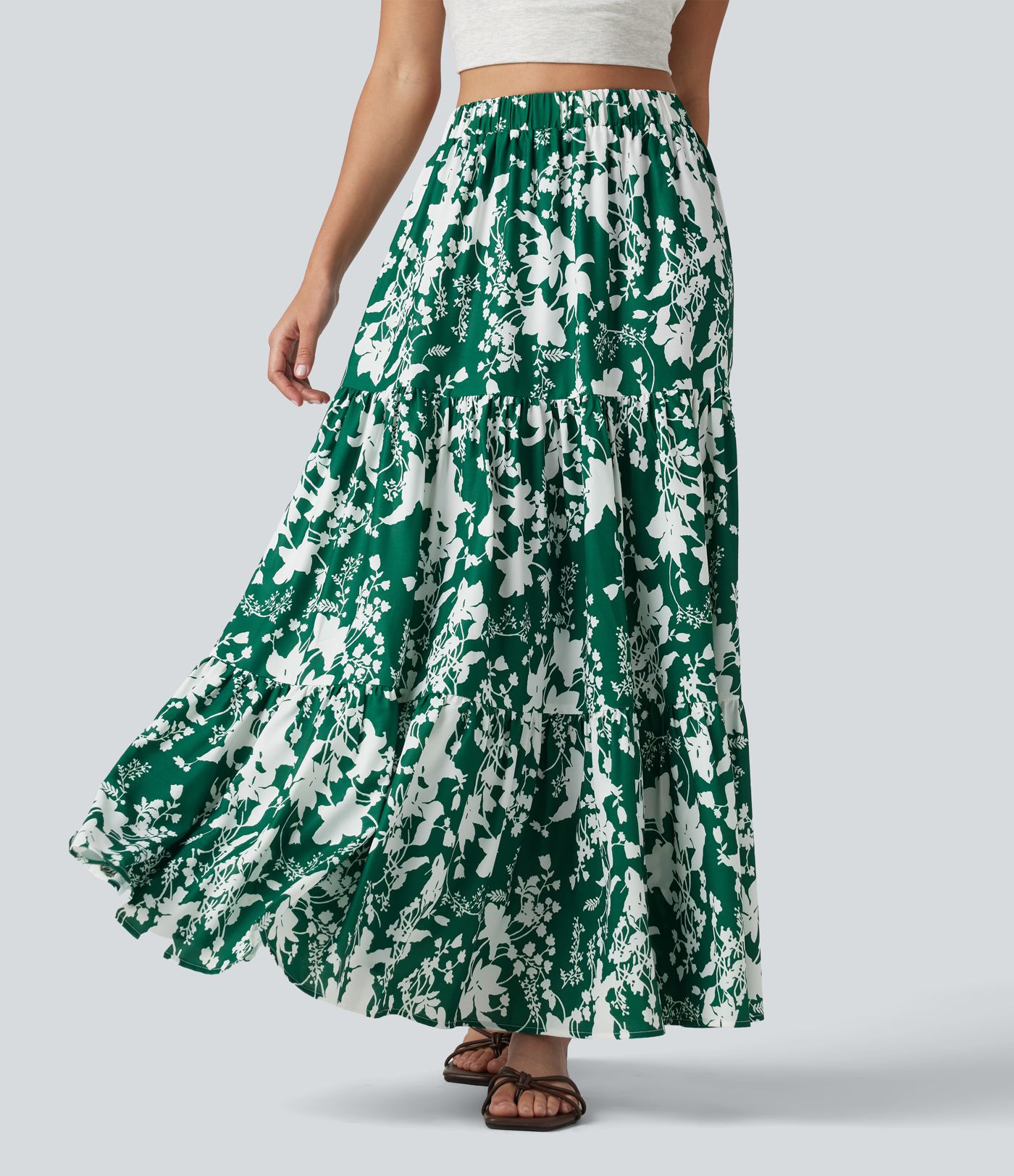 High Waisted Floral Print Tiered Maxi Resort Flowy Skirt