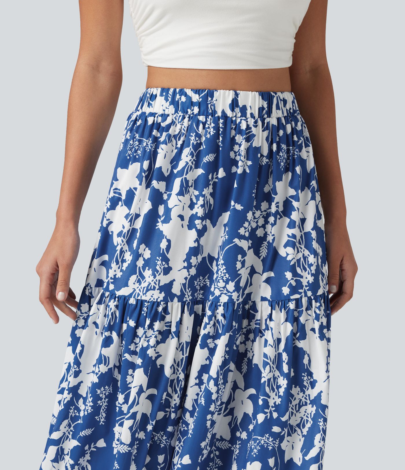 High Waisted Floral Print Tiered Maxi Resort Flowy Skirt