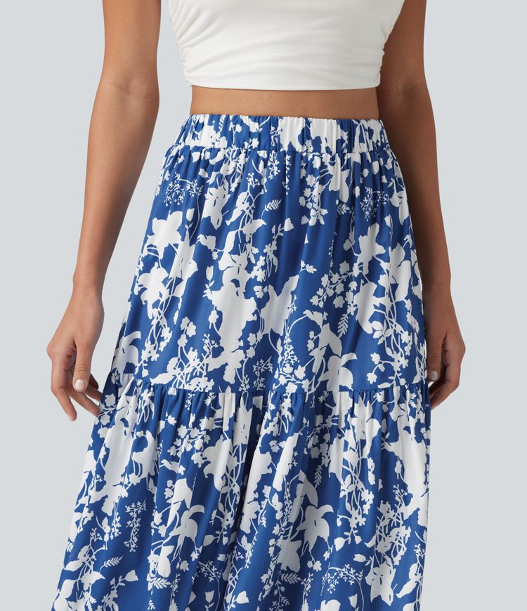 High Waisted Floral Print Tiered Maxi Resort Flowy Skirt