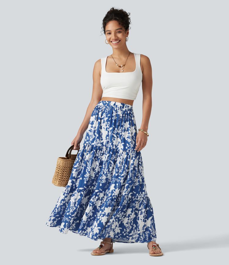 High Waisted Floral Print Tiered Maxi Resort Flowy Skirt