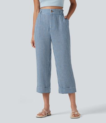 High Waisted Cropped Plaid Casual Linen-Feel Trousers with Pockets High Waisted Cropped Plaid Casual Linen-Feel Trousers with Pockets