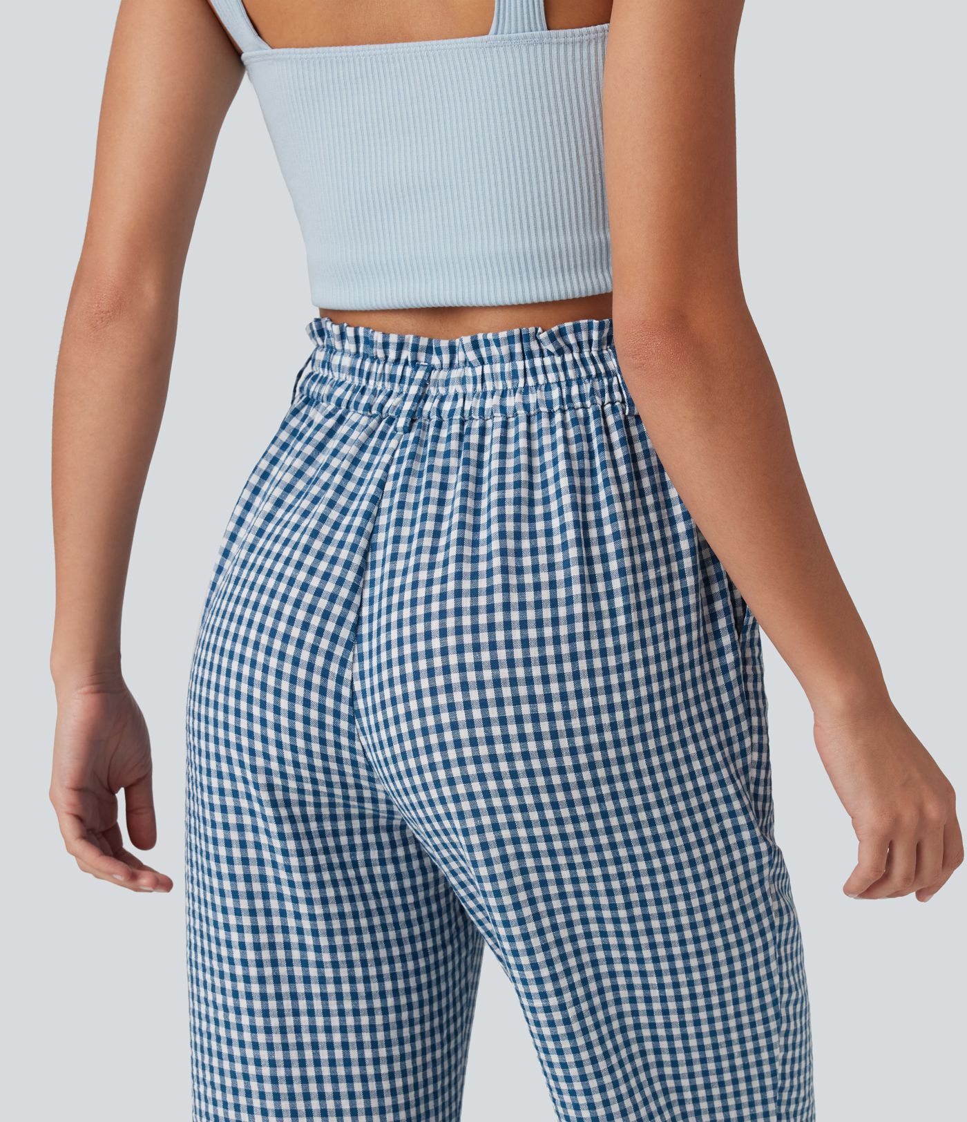 High Waisted Cropped Plaid Casual Linen-Feel Trousers with Pockets High Waisted Cropped Plaid Casual Linen-Feel Trousers with Pockets