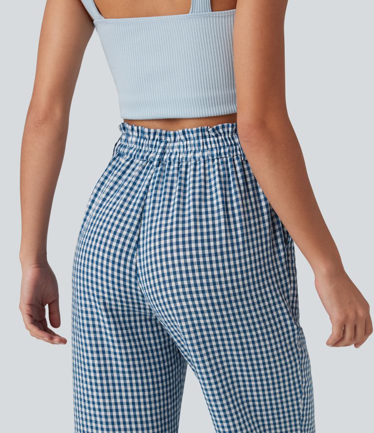 High Waisted Cropped Plaid Casual Linen-Feel Trousers with Pockets High Waisted Cropped Plaid Casual Linen-Feel Trousers with Pockets