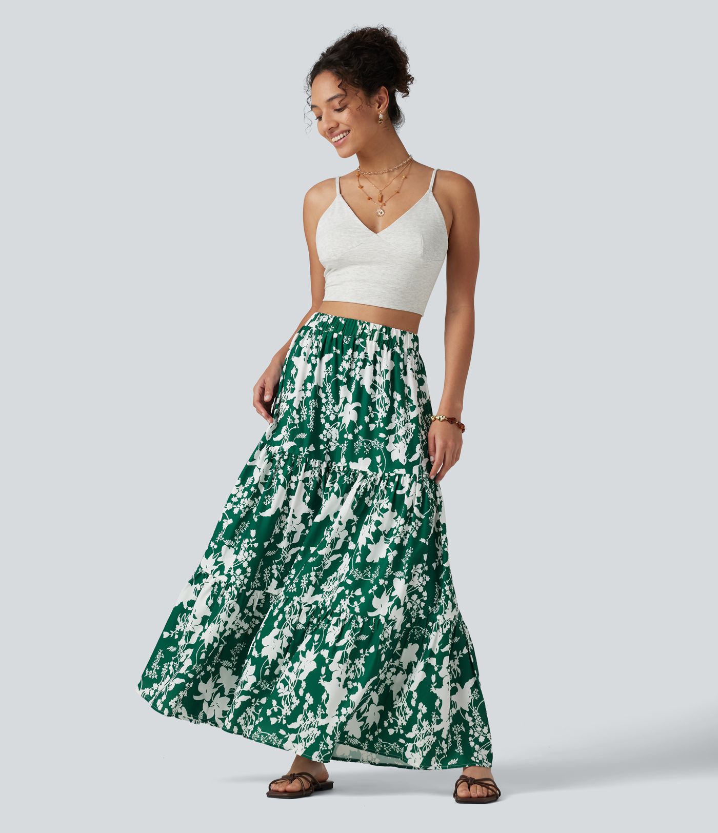 High Waisted Floral Print Tiered Maxi Resort Flowy Skirt