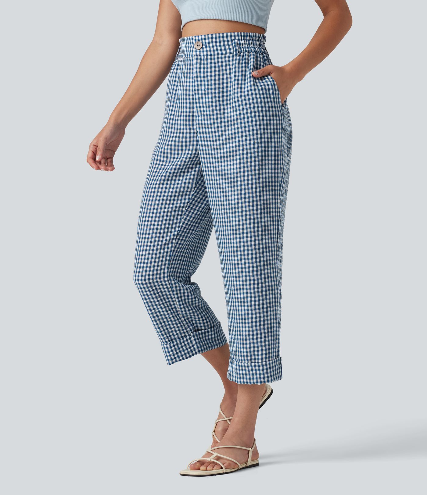 High Waisted Cropped Plaid Casual Linen-Feel Trousers with Pockets High Waisted Cropped Plaid Casual Linen-Feel Trousers with Pockets