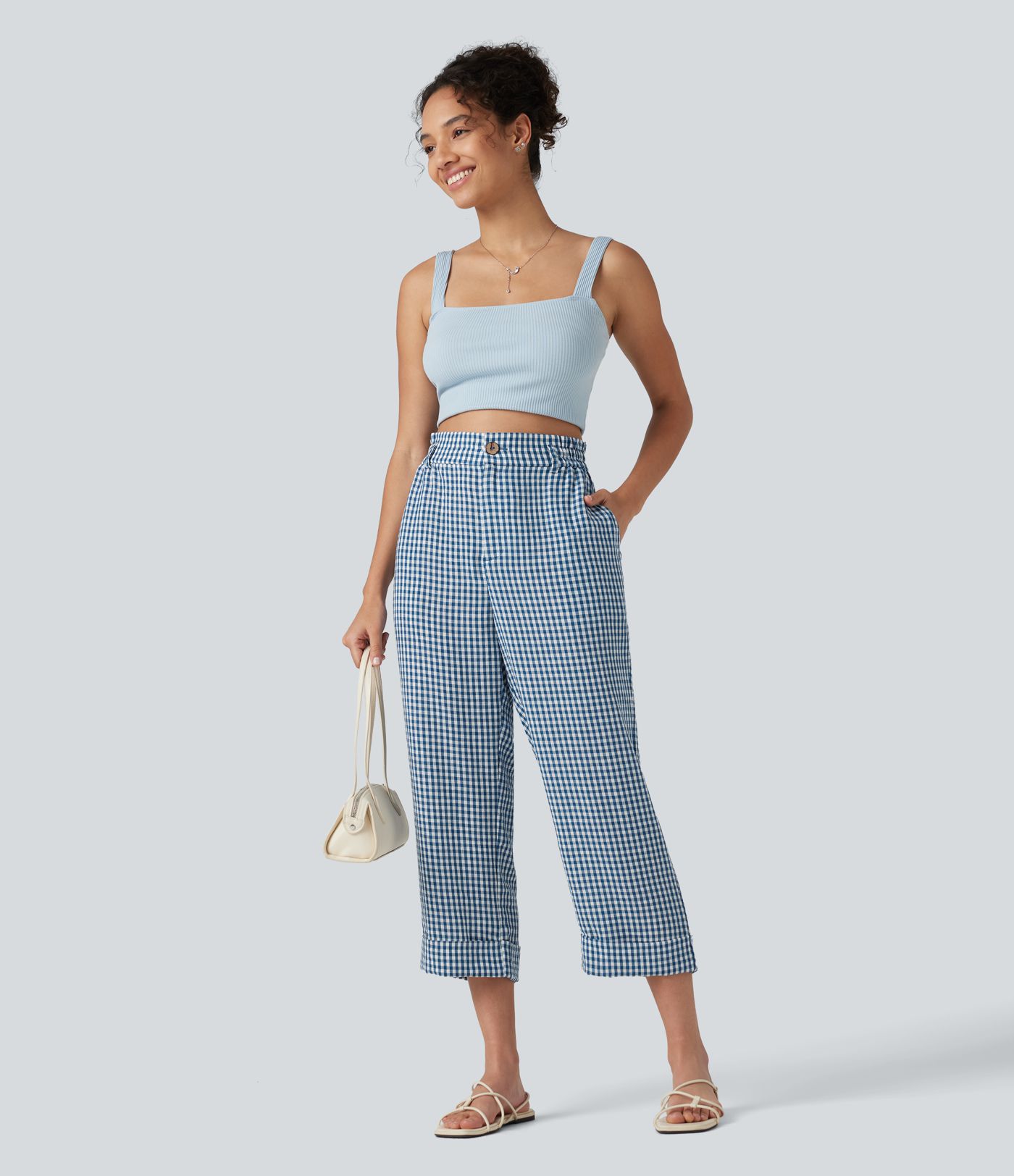 High Waisted Cropped Plaid Casual Linen-Feel Trousers with Pockets High Waisted Cropped Plaid Casual Linen-Feel Trousers with Pockets