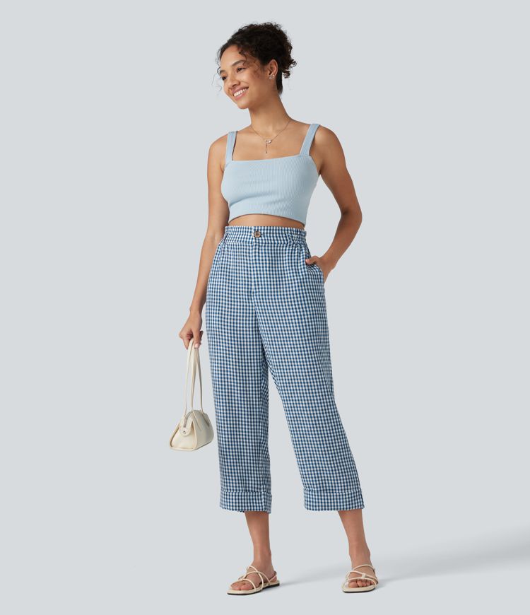 High Waisted Cropped Plaid Casual Linen-Feel Trousers with Pockets High Waisted Cropped Plaid Casual Linen-Feel Trousers with Pockets