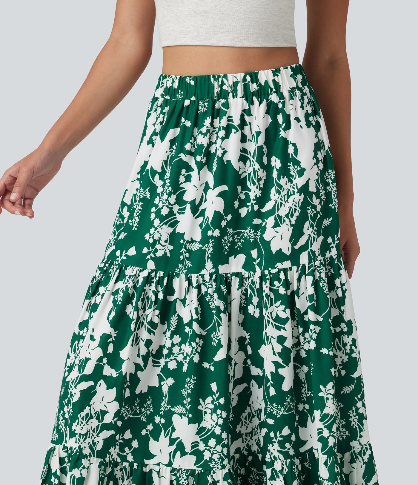 High Waisted Floral Print Tiered Maxi Resort Flowy Skirt