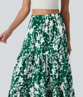 High Waisted Floral Print Tiered Maxi Resort Flowy Skirt