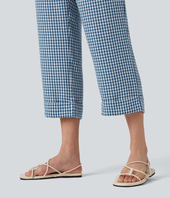 High Waisted Cropped Plaid Casual Linen-Feel Trousers with Pockets High Waisted Cropped Plaid Casual Linen-Feel Trousers with Pockets
