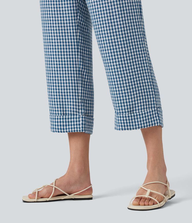 High Waisted Cropped Plaid Casual Linen-Feel Trousers with Pockets High Waisted Cropped Plaid Casual Linen-Feel Trousers with Pockets
