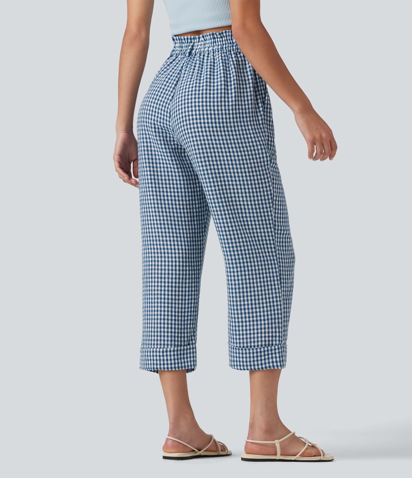 High Waisted Cropped Plaid Casual Linen-Feel Trousers with Pockets High Waisted Cropped Plaid Casual Linen-Feel Trousers with Pockets