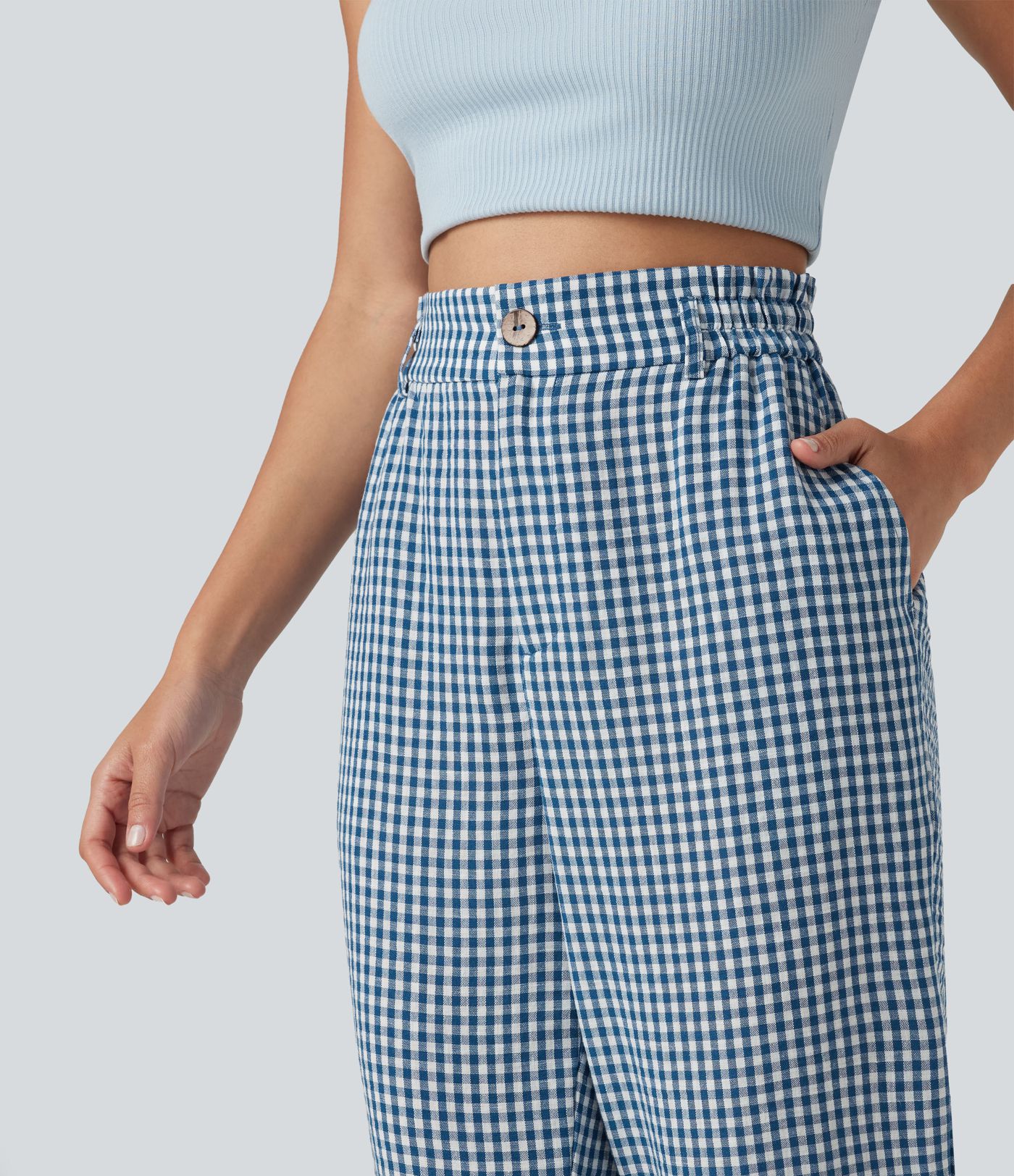 High Waisted Cropped Plaid Casual Linen-Feel Trousers with Pockets High Waisted Cropped Plaid Casual Linen-Feel Trousers with Pockets