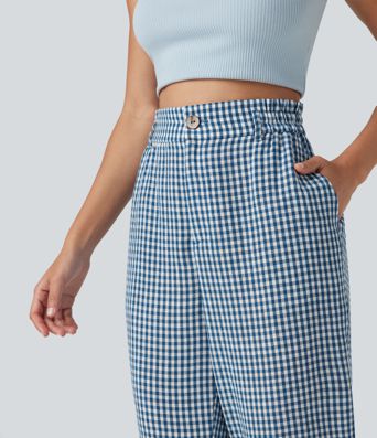High Waisted Cropped Plaid Casual Linen-Feel Trousers with Pockets High Waisted Cropped Plaid Casual Linen-Feel Trousers with Pockets