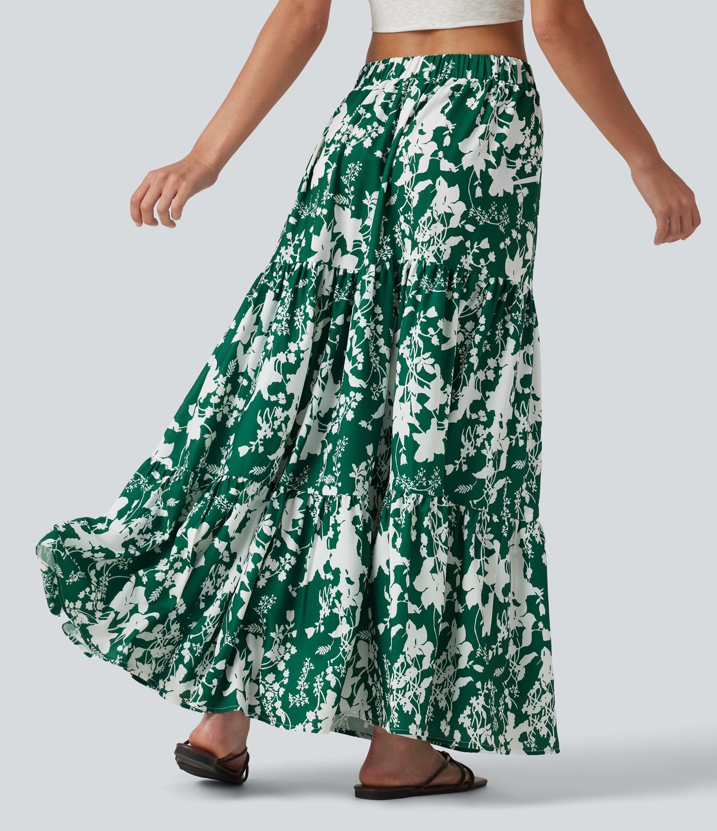 High Waisted Floral Print Tiered Maxi Resort Flowy Skirt