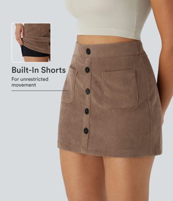 High Waisted Pocket Zipper 2-in-1 Corduroy Mini Casual Skirt