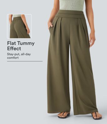 Super High Waisted Tummy Control Pocket Wide Leg Pants
