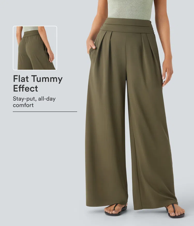 Capulet Olive Socinched Super Hoch Taillierte Bauchkontrolle Taschen Weite Beinbundhose / 1