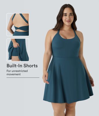 U Neck Cut Out 2-in-1 Pocket Mini Barre Ballet Dance Plus Size Dress-Longer Length