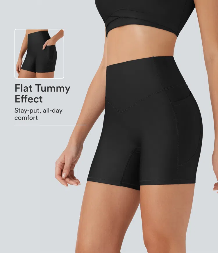 Black High Waisted Tummy Control Pocket Sheen Running Biker Shorts 5'' / 1