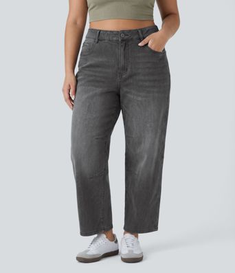 Halara Flex™ Low-Rise Barrel-Leg Freizeit-Jeans in Plusgröße mit Taschen
