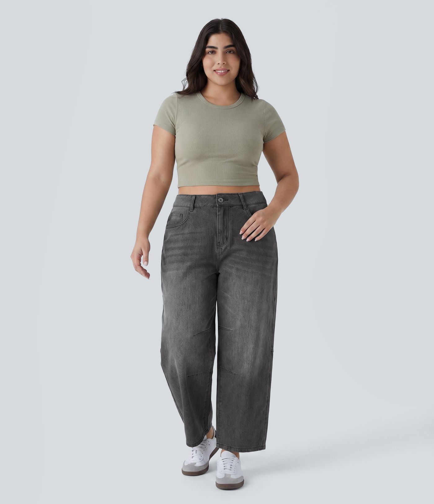 Halara Flex™ Low-Rise Barrel-Leg Freizeit-Jeans in Plusgröße mit Taschen