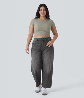 Halara Flex™ Low-Rise Barrel-Leg Freizeit-Jeans in Plusgröße mit Taschen