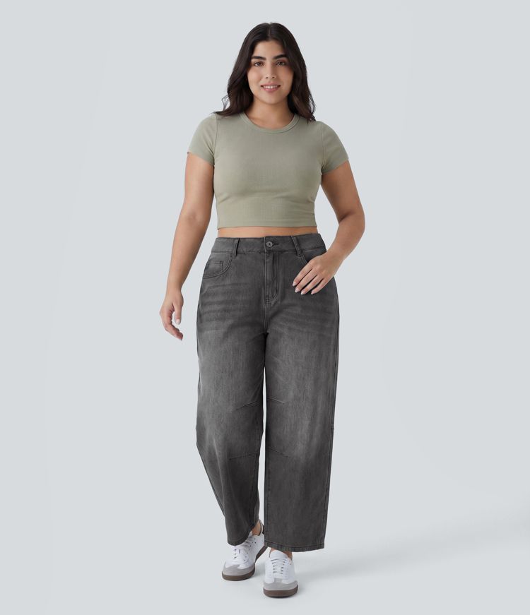 Halara Flex™ Low-Rise Barrel-Leg Freizeit-Jeans in Plusgröße mit Taschen